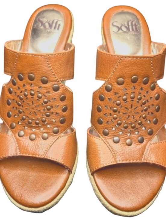 Sofft Shoes - Söfft Leather Studded Cutout Espadrille Wedge Mule Sandals 6.5M Cognac